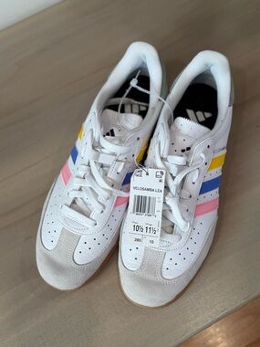 Adidas Velosamba White Sneakers with Pink, Blue & Yellow Stripes